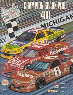 The 1990 Champion Spark Plug 400 program cover, featuring Michael Waltrip, Geoff Bodine, and Mark Martin. Artwork by NASCAR artist Sam Bass.