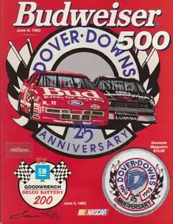 The 1993 Budweiser 500 program cover, featuring Bill Elliott and Dale Earnhardt.