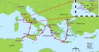 Image 76Aeneas's route in Virgil's Aeneid. The epic poem was written in the early first century BC. (from Founding of Rome)