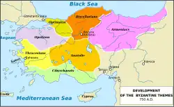 A map centred on Turkey. From west to east and north to south with the corresponding colours in brackets; are the themes of Opsikion (light purple), Thracesians (light grey), Cibyrrhaeots (light green), Optimatoi (green), Anatolic (brown), Bucellarians (orange) and Armeniacs (purple). On the map are marked the major rivers; the Aegean, Black and Mediterranean Seas; the cities of Ephesos, Constantinople, Ancyra, Tarsus, Adana, Antioch and Edessa; and the islands of Samos, Crete and Cyprus.