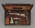 Wooden case for police revolver Colt Model 1862, Serial no. 9174, with Thuer Conversion for Self-contained Cartridges, and Accessories