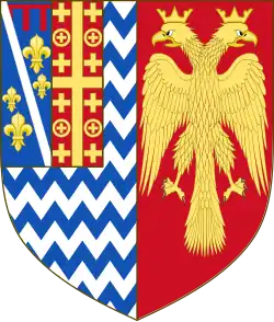 Coat of arms of Carlo I Tocco, founder of the last ruling dynasty of Epirus, as count of Cephalonia (dexter) and despot of Epirus (sinister) of Epirus