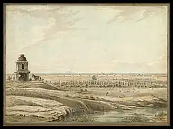 View of Bangalore Fort, from the East, with a small shrine and a dismounted horseman in the foreground, and cattle grazing beyond, by Robert Hyde Colebrooke (1762–1808) in 1791[44]