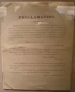 An undated proclamation issued by Emperor Norton I regarding the assumption of his prerogatives by "certain parties" on display at the Wells Fargo History Museum in San Francisco, California.