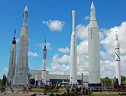 KSC rocket garden (left to right): Mercury-Atlas, Atlas-Agena, Mercury-Redstone, Thor-Able, Juno II, Juno I