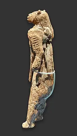 Löwenmensch, from Hohlenstein-Stadel, now in Ulmer Museum, Ulm, Germany, the oldest known anthropomorphic animal-human statuette, Aurignacian era, c.&nbsp;35–40,000&nbsp;BP