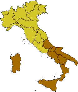 Map of Italy, highlighting Southern Italy, highlighting Central and Northern Italy