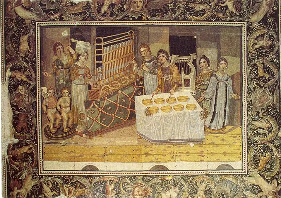 Late 4th-century "Mosaic of the Musicians" playing the organ, aulos, and lyre from a Byzantine villa in Maryamin, Syria[334]