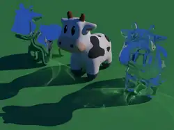 3D rendered image showing three copies of a cartoon cow. The one on the left has a mirror surface, and the one on the right uses a transparent glass material. The outlines of the cows and the shadows are smooth with no blockiness or angular defects. The lighting is realistic, including in the shadowed areas. The base surface is illuminated by bright spots and lines ("caustics") caused by light being focused by the reflective and transparent cows.