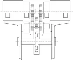 Sectioned view through the Winterthur Drive, showing the two coaxial motors, their drive gears to the layshaft below, then the third drive gear to the drive wheel on the axle