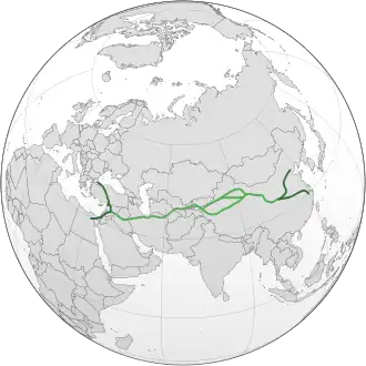 Map of Eurasia with drawn lines for overland routes
