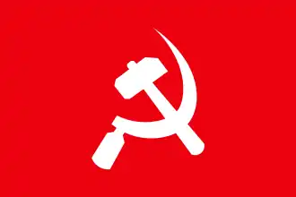 White hammer and sickle on red background.