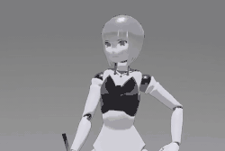 A gray, anime-style robot girl uses a marker to draw a pink heart shape in the air. She then grabs the heart and presents it to the viewer with a smile.